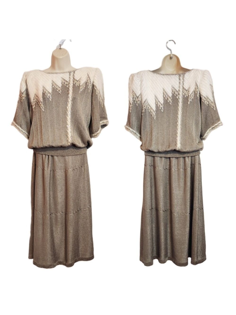 Paca Vintage Textured Knit Sweater Skirt Set Taupe White Medium